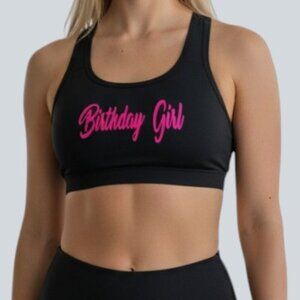 USA Strong Neon Pink and Black Birthday Girl Graphics Sports Bra Size Small NWOT